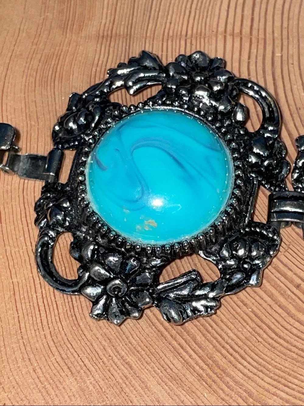 Vintage 1950s Southwestern Style Faux Turquoise Filigree Panel Link Bracelet